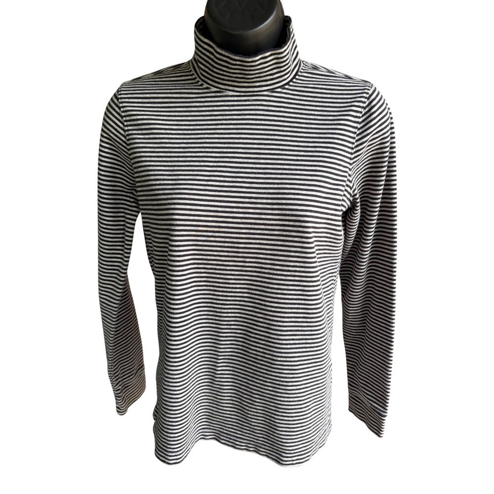 LL Bean Womens XS Regular Black Gray Striped Cotton Turtleneck Long Sleeve Top